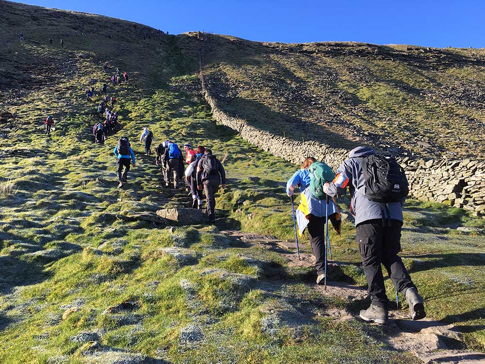 group of people hiking up yorkshire three peaks